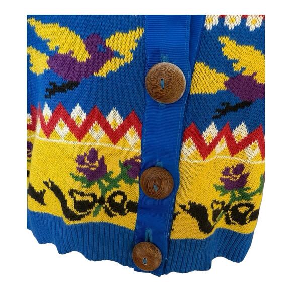 Vintage Betsey Johnson Punk Label Crop Cardigan Alley Cat Fair Aisle Print L Mod - Picture 10 of 16